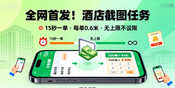 全网首发！酒店截图任务，15秒一单，每单0.6米，任务无上限不设限，矩阵操作单日3张到手【揭秘】-皮皮网创