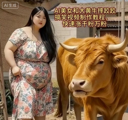 AI美女和大黄牛摔跤搞笑荒诞视频制作教程，快速涨千粉万粉-皮皮网创