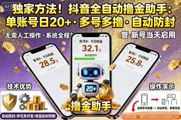 独家方法！最新抖音系列全自动挂G撸金助手，单账号一天20+，多号多撸，自动防封【揭秘】-皮皮网创