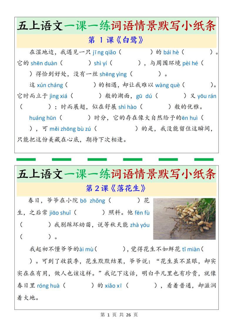 五上语文一课一练词语情景默写小纸条（含答案26页）-皮皮网创