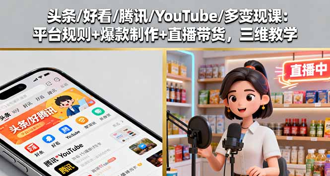 头条/好看/腾讯/YouTube/多变现课：平台规则+爆款制作+直播带货，三维教学-皮皮网创
