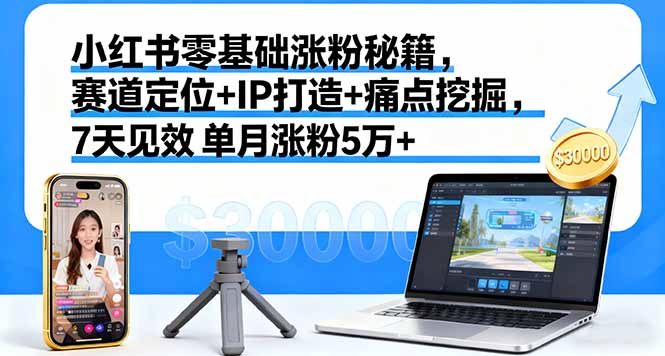 小红书零基础涨粉秘籍，赛道定位+IP打造+痛点挖掘，7天见效 单月涨粉5万+-皮皮网创