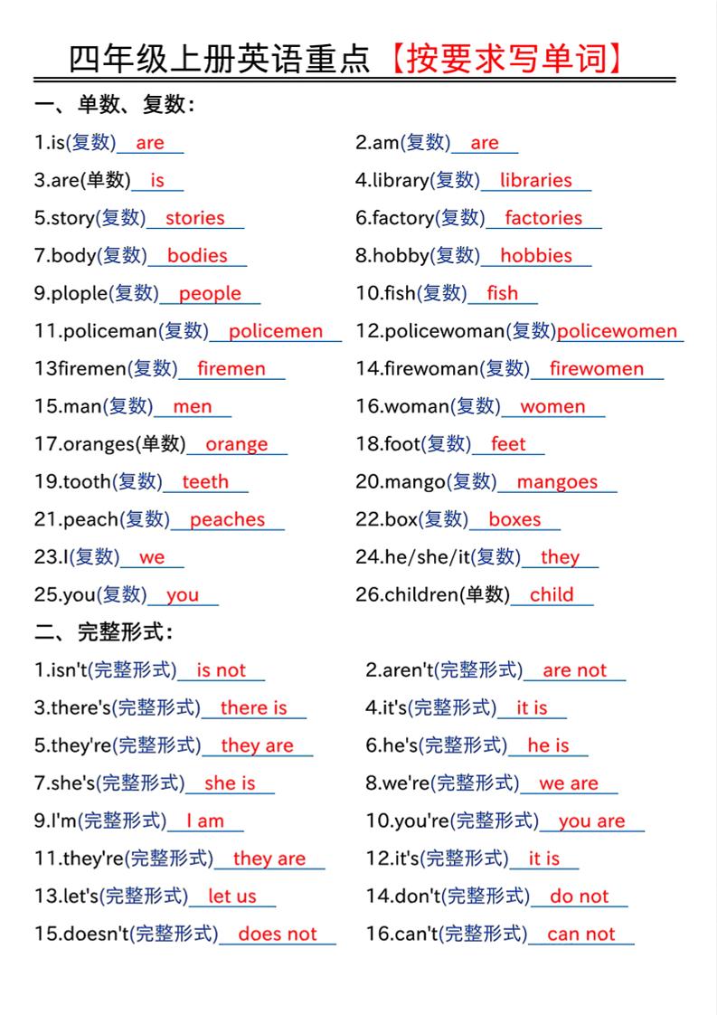四年级上人教PEP版英语重点按要求写单词（答案）-皮皮网创