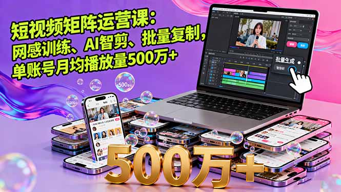 短视频矩阵运营课：网感训练、AI智剪、批量复制，单账号月均播放量500万+-皮皮网创