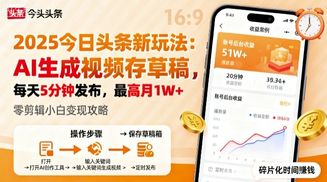 2025年今日头条躺賺新玩法，AI生成视频存草稿，每天5分钟发布，最高月1W+【揭秘】-皮皮网创