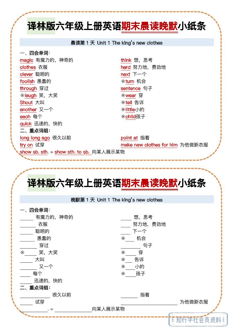 译林版六年级上册英语期末晨读晚默小纸条-皮皮网创