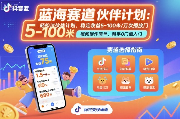 抖音蓝海赛道，轻松过伙伴计划，视频制作简单，万次播放收益在5-100米，稳定收益-皮皮网创