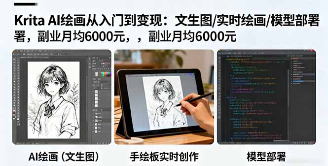 Krita AI绘画从入门到变现：文生图/实时绘画/模型部署，副业月均6000元-皮皮网创