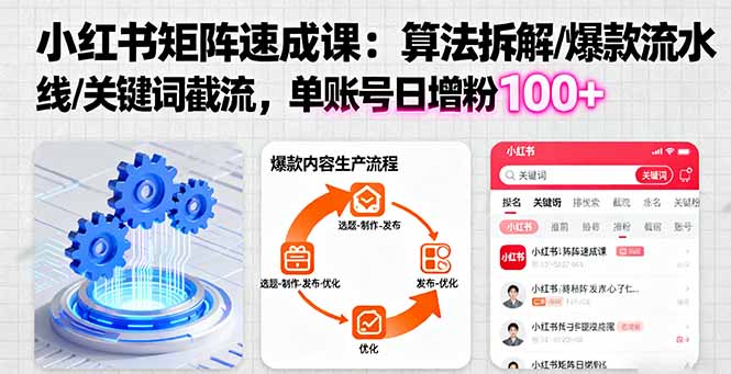 小红书矩阵起号速成课:算法拆解/爆款流水线/关键词截流 单账号日增粉100+-皮皮网创