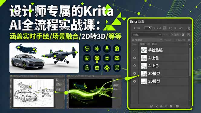 设计师专属的Krita AI全流程实战课：涵盖实时手绘/场景融合/2D转3D/等等-皮皮网创