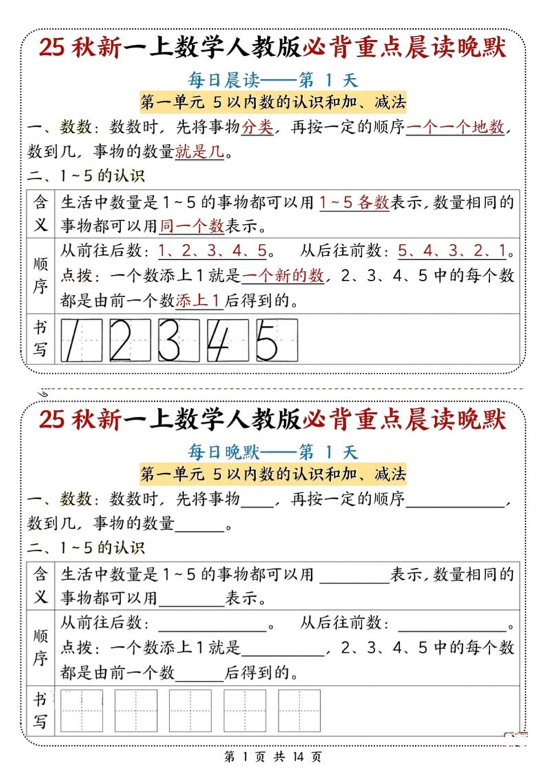 25秋新一上数学必背重点晨读晚默（人教版14页）-皮皮网创