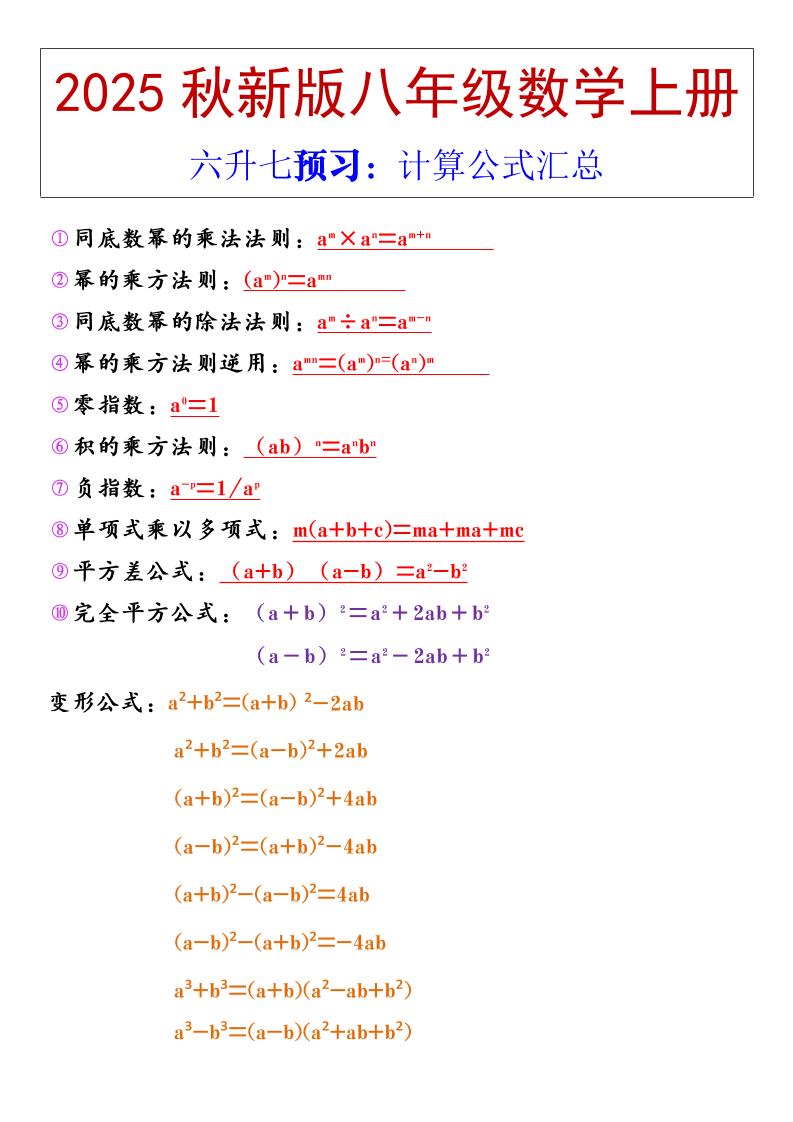 【2025秋新版】八年级上册数学计算公式汇总-皮皮网创