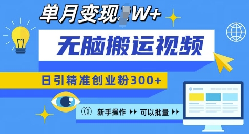 无脑搬运视频号可批量复制，新手即可操作，日引精准创业粉300+，月变现过W 【揭秘】-皮皮网创