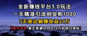 全新赚钱平台3.0玩法一天精准引流创业粉1000.7天被动躺Z收益21W【仅揭秘】-皮皮网创
