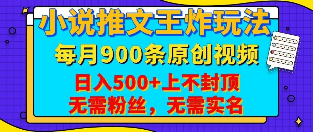 小说推文王炸玩法，一键代发，每月最多领900条原创视频，播放量收益日入5张，无需粉丝，无需实名【揭秘】-皮皮网创