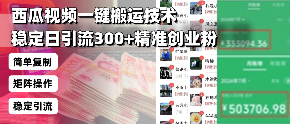 西瓜视频一键搬运技术，稳定日引流300+精准创业粉，简单可复制给团队，…-皮皮网创