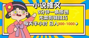 小说推文6.0，简单无脑，3分钟一个原创作品，每天半小时，日入300-1000...-皮皮网创