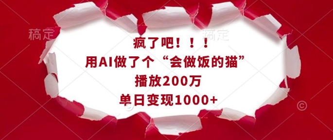 疯了吧！用AI做了个“会做饭的猫”，播放200万，单日变现1k-皮皮网创