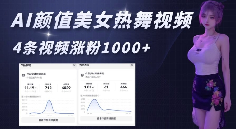 AI颜值美女热舞视频，4条视频涨粉1000+，实测6分钟一条-皮皮网创