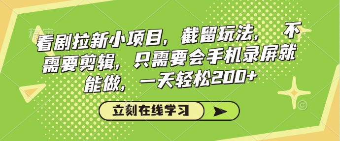 看剧拉新小项目，截留玩法， 不需要剪辑，只需要会手机录屏就能做，一天轻松200+-皮皮网创