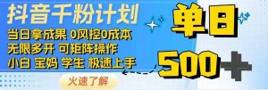 抖音千粉计划，日入500+，包落地，当日拿成果-皮皮网创