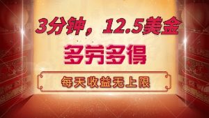 三分钟,12.5美金,每天无限自撸,多劳多得,收益无上限-皮皮网创