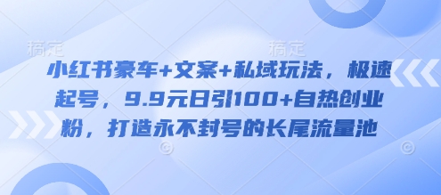 小红书豪车+文案+私域玩法，极速起号，9.9元日引100+自热创业粉，打造永不封号的长尾流量池-皮皮网创