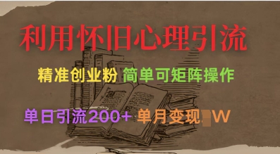 利用怀旧心理，引流创业粉，简单可矩阵操作，单日引流200+，月变现过W-皮皮网创