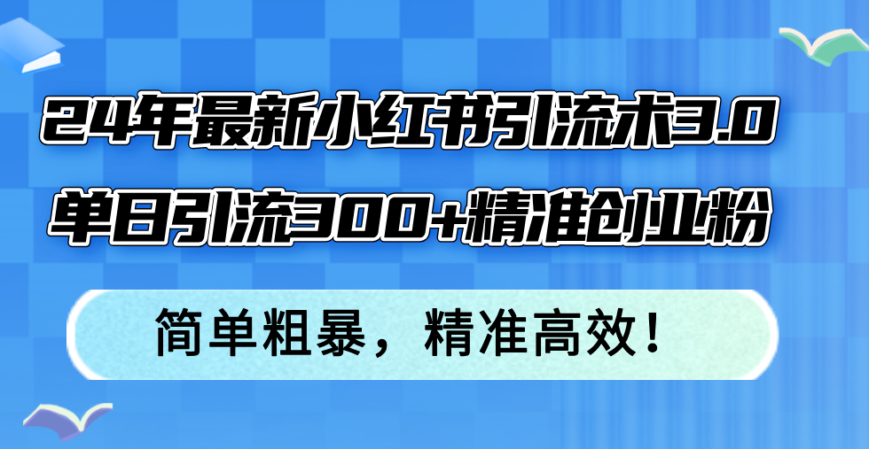 24年最新小红书引流术3.0，单日引流300+精准创业粉，简单粗暴，精准高效！-皮皮网创