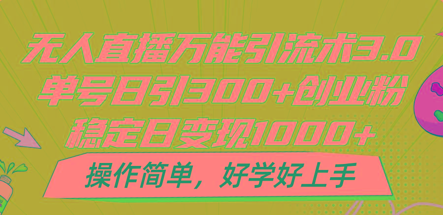 无人直播万能引流术3.0，单号日引300+创业粉，稳定日变现1000+，操作简单-皮皮网创