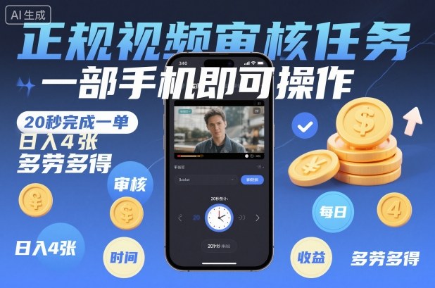 正规视频审核任务，一部手机即可操作，20秒完成一单，日入4张，多劳多得【揭秘】-皮皮网创