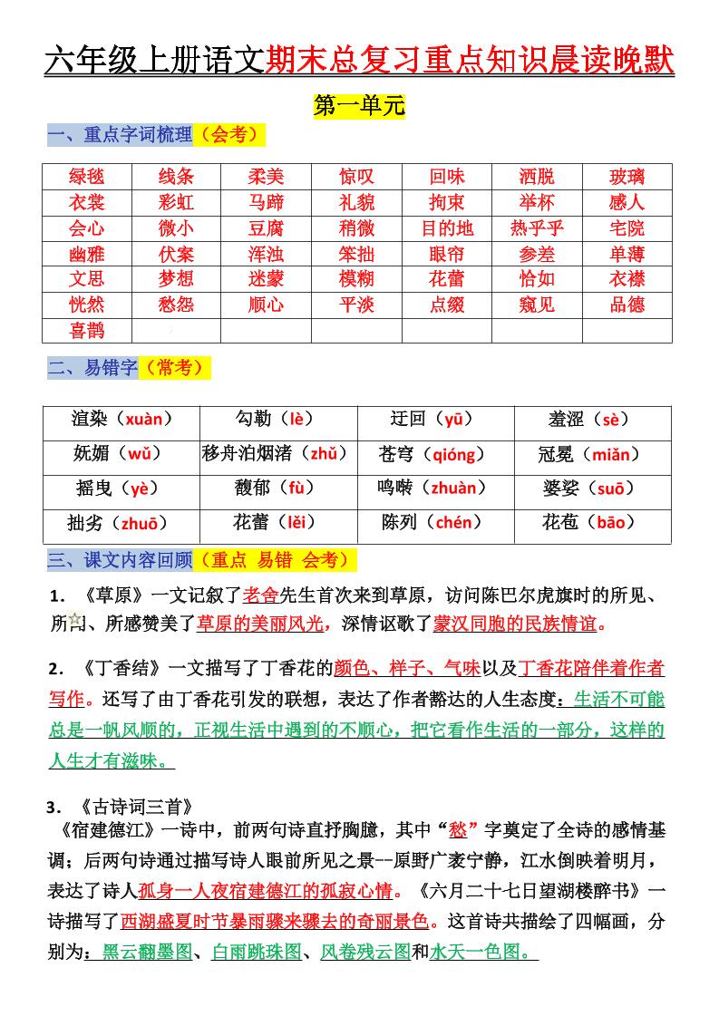 六上语文复习重点晨读单(16页)-皮皮网创