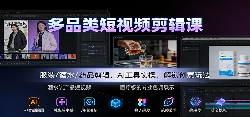 多品类短视频剪辑课:服装/酒水/药品剪辑,AI工具实操,解锁创意玩法-皮皮网创