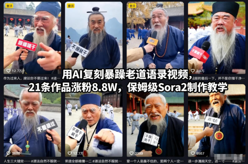 用AI复刻暴躁老道语录视频,21条作品涨粉8.8W,保姆级Sora2制作教学-皮皮网创