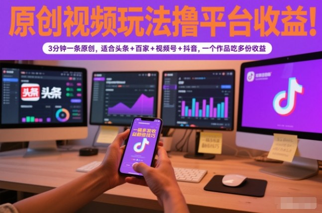 原创视频玩法撸平台收益,3分钟一条原创,适合头条+百家+视频号+抖音,一个作品吃多份收益-皮皮网创