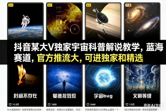 抖音某大V独家宇宙科普解说教学,蓝海赛道,官方推流大,可进独家和精选-皮皮网创