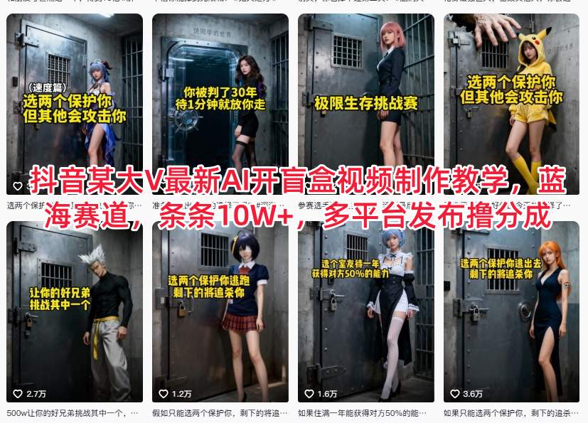 抖音某大V最新AI开盲盒视频制作教学，蓝海赛道，条条10W+，多平台发布撸分成-皮皮网创