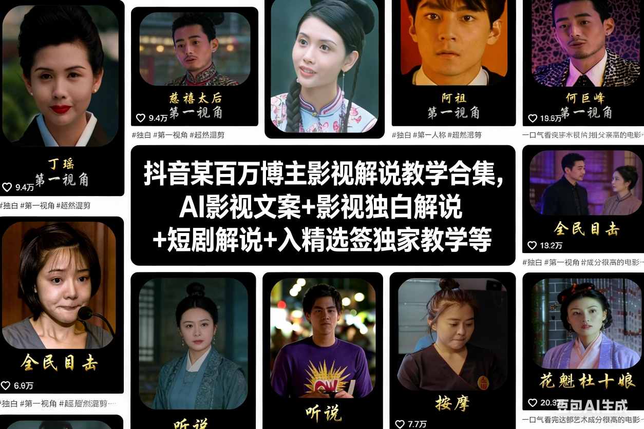 抖音某百万博主影视解说教学合集，AI影视文案+影视独白解说+短剧解说+入精选签独家教学等-皮皮网创