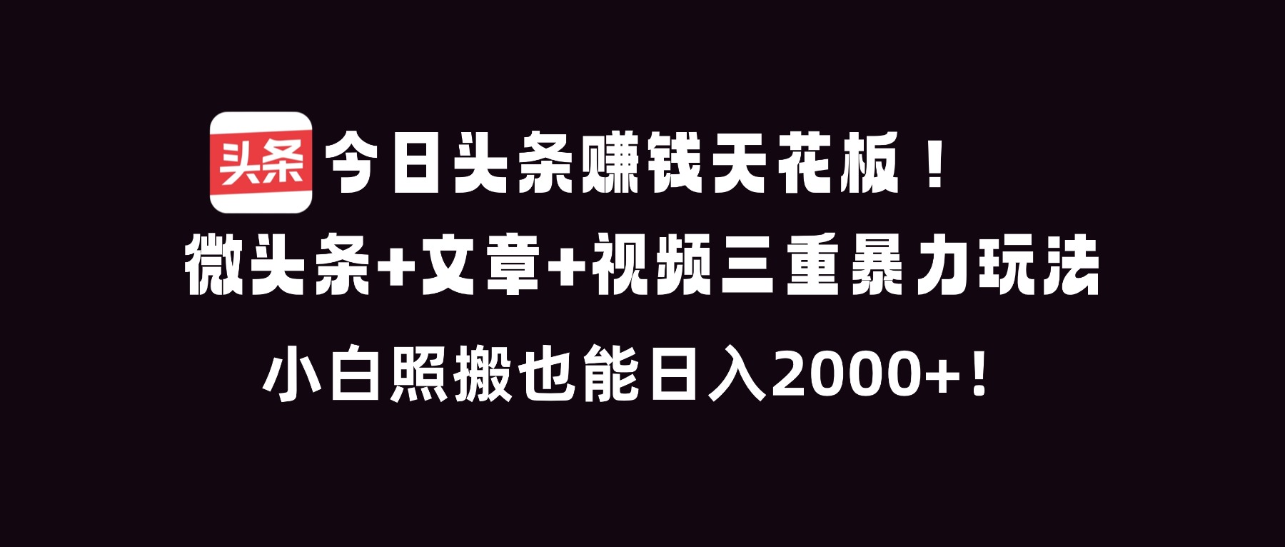 今日头条赚钱天花板！微头条+文章+视频三重暴利玩法，小白照搬也能日人2000+-皮皮网创