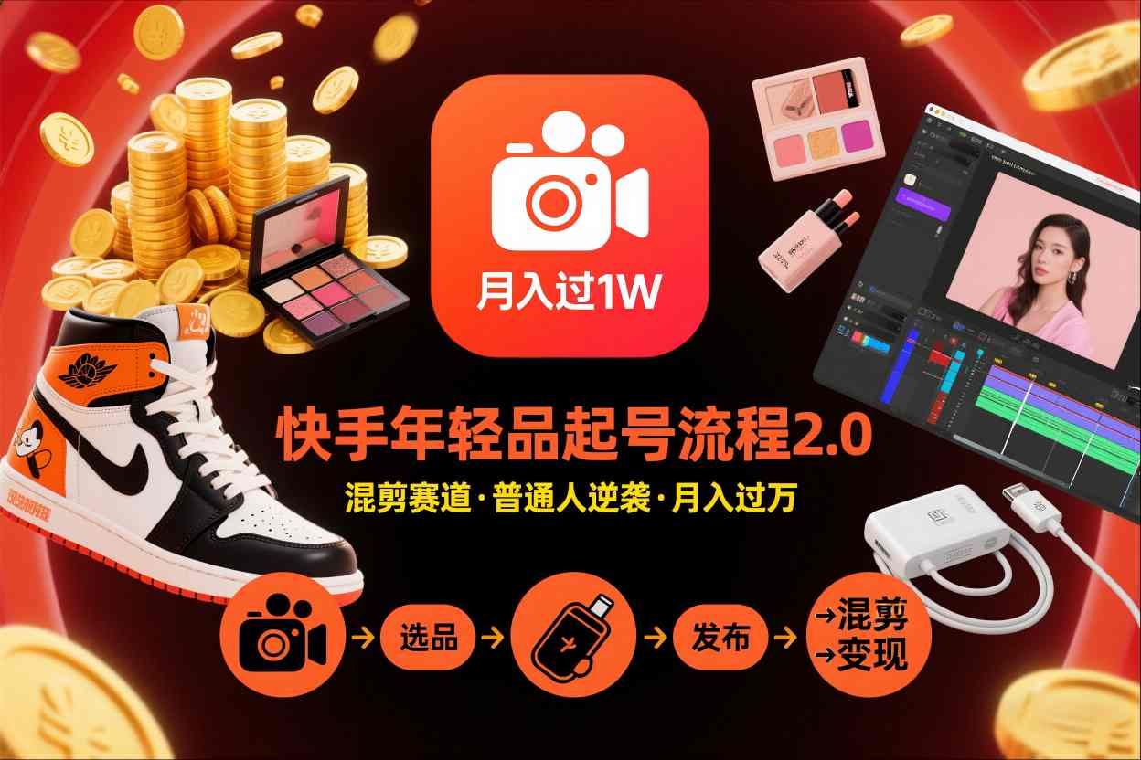 快手短视频带货年轻品起号流程2.0，快手年轻品混剪赛道，普通人也能月入过1W-皮皮网创