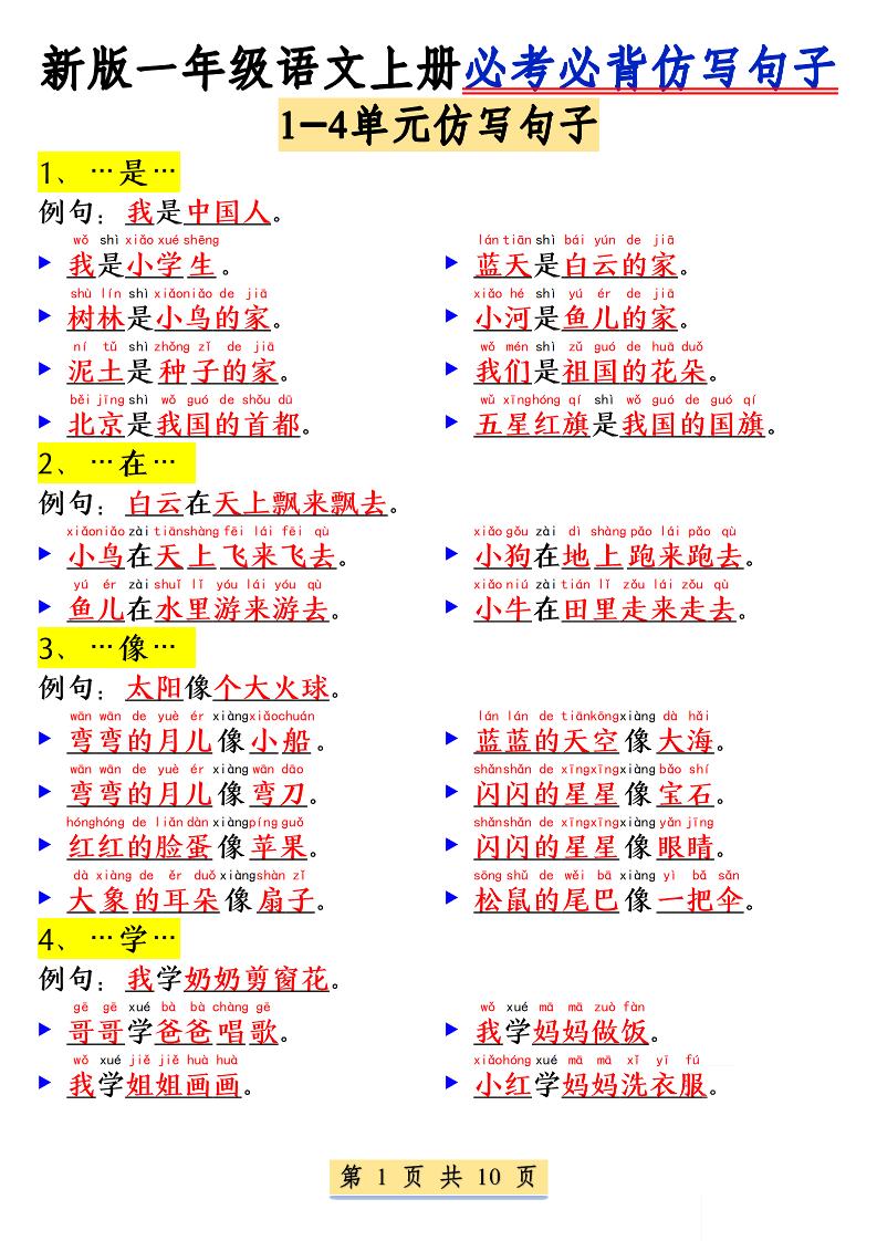 新一上语文必考必背仿写句子(含仿写练习10页)-皮皮网创