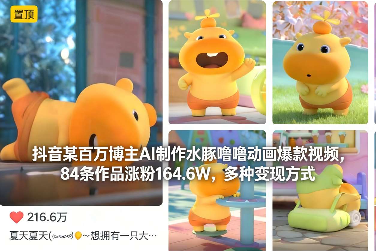 抖音某百万博主AI制作水豚噜噜动画爆款视频，84条作品涨粉164.6W，多种变现方式-皮皮网创