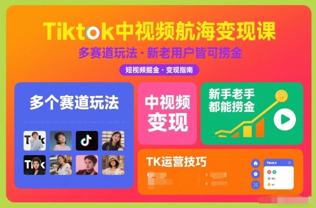 Tiktok中视频航海变现课，多个赛道玩法，新手老手都能在TK中视频捞金-皮皮网创