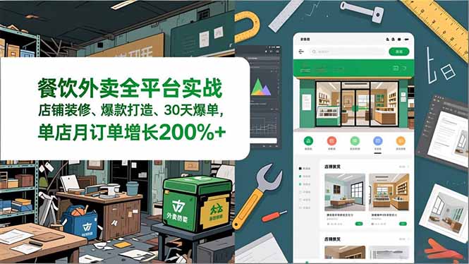餐饮外卖全平台实战，店铺装修、爆款打造、30天爆单，手把手教学，单店月订单增长200%+-皮皮网创