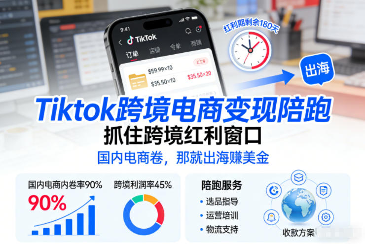 Tiktok跨境电商变现陪跑，抓住跨境红利窗口，国内电商卷，那就出海賺美金-皮皮网创