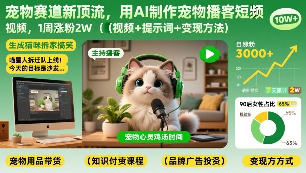 宠物赛道新顶流，用AI制作宠物播客短视频，1周涨粉2W(视频+提示词+变现方法)-皮皮网创