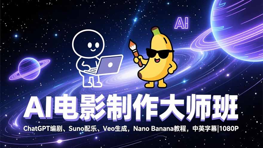 AI电影制作大师班：ChatGPT编剧、Suno配乐、Veo生成，Nano Banana教程，中英字幕|1080P-皮皮网创