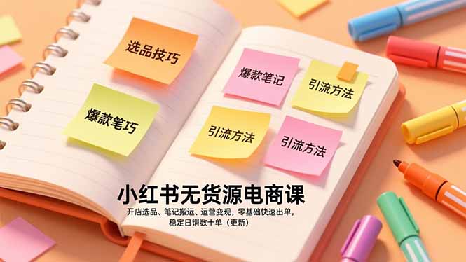 小红书无货源电商课，开店选品、笔记搬运、运营变现，零基础快速出单，稳定日销数十单(更新-皮皮网创