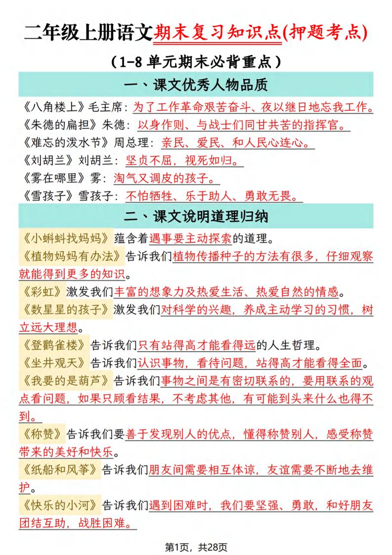 二年级上语文期末复习知识点(押题考点)-皮皮网创