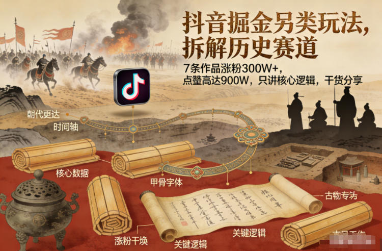 抖音掘金另类玩法，拆解历史赛道，7条作品涨粉300W+，点赞量高达900W，只讲核心逻辑，干货分享-皮皮网创
